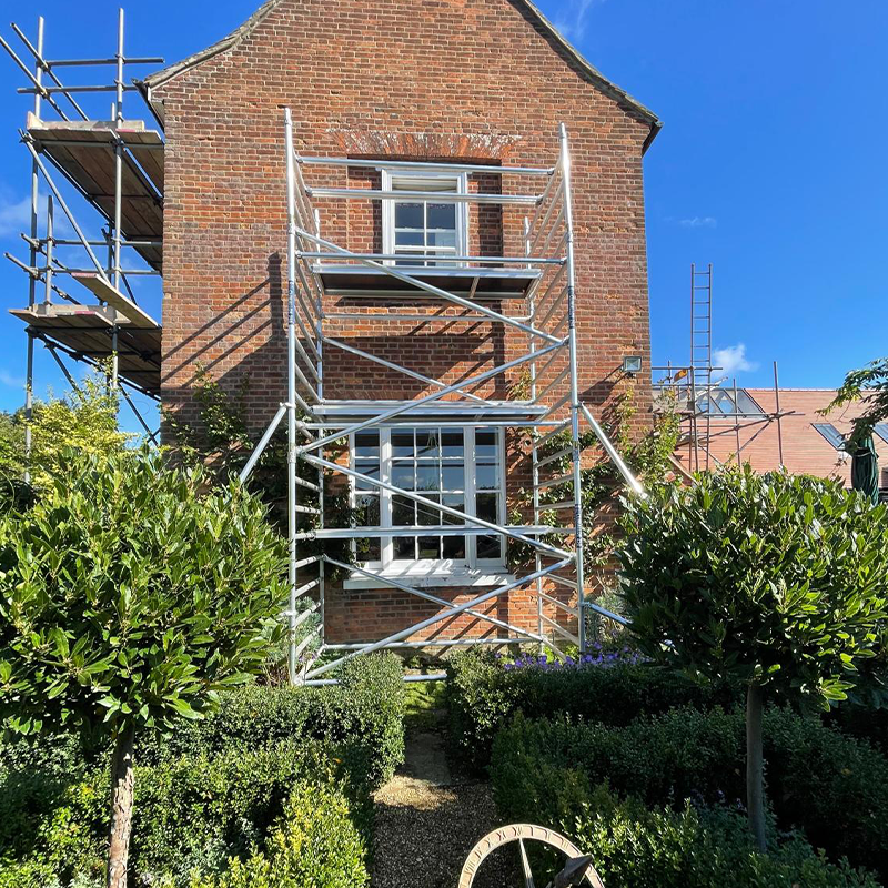 Scaffolding outside a listed building.